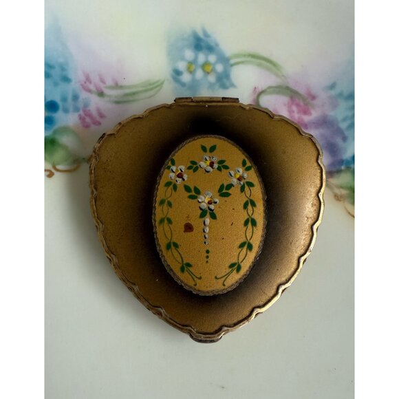 Vintage 1930s Brass Hand Painted Floral Rough Blush Compact/Mirror - Picture 1 of 11